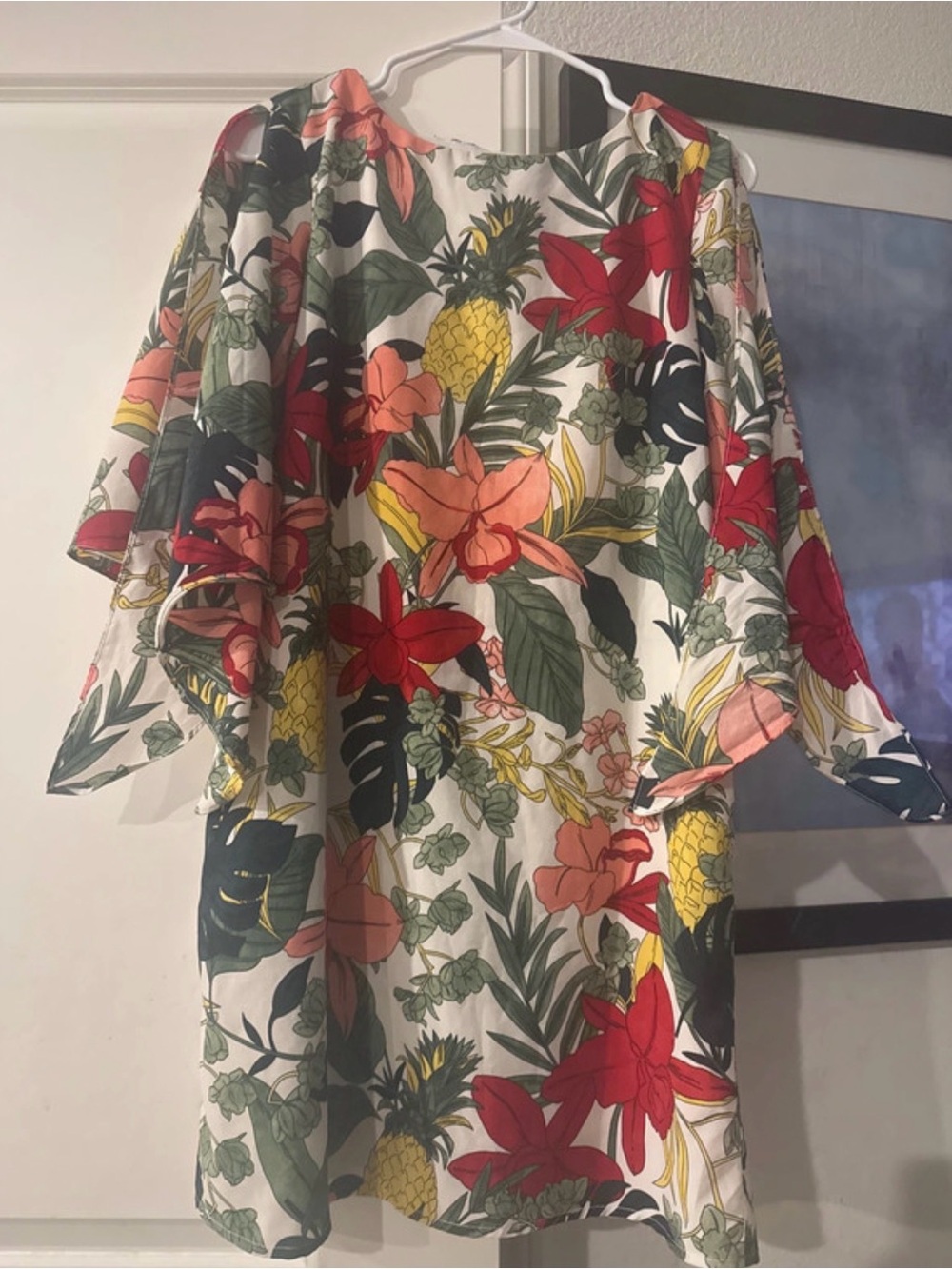 Women’s Floral Tropical A-Line mini dress in White with Red & Yellow Print